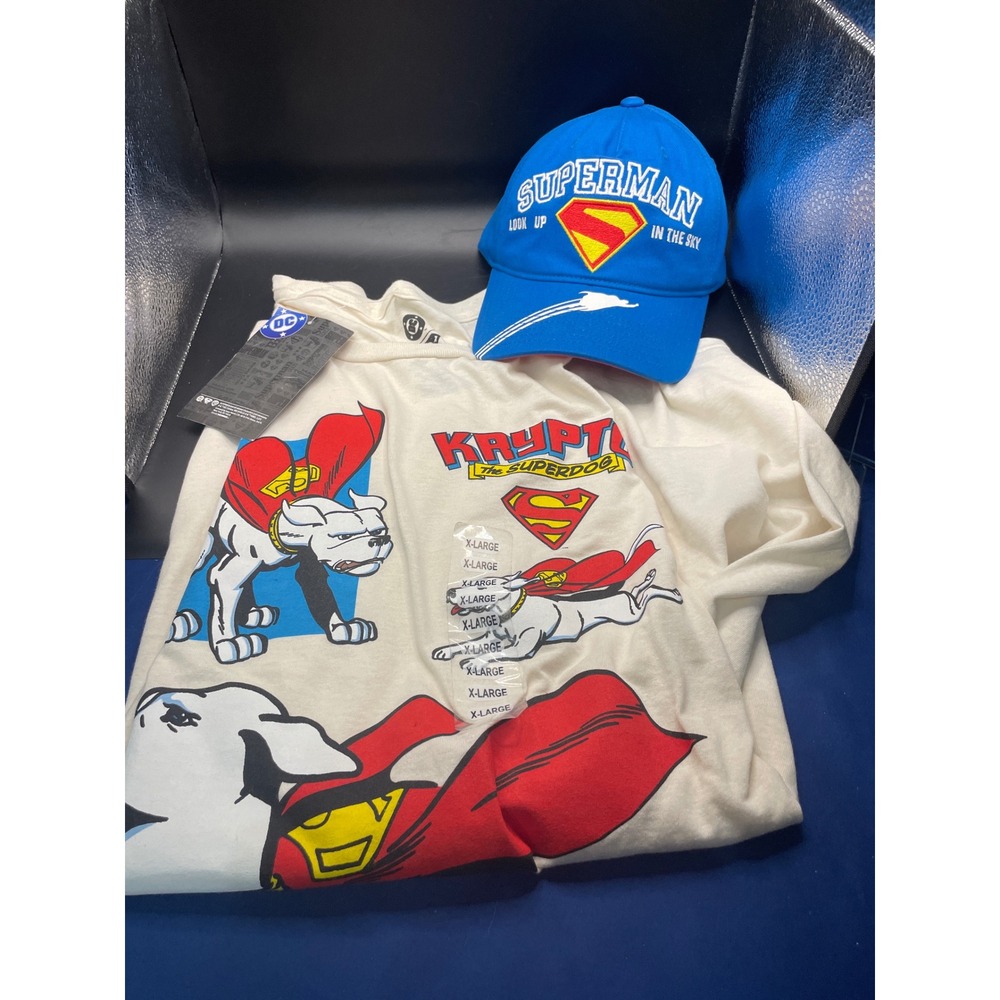 Superman Krypto the Superdog Mens Tee XL and Snapback Hat Set Blue Natural DC